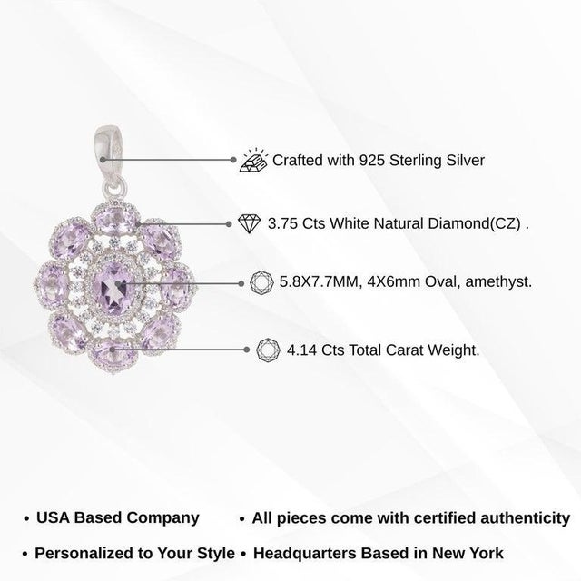 Elegant Floral Amethyst Pendant With Cubic Zirconia Accents - Caratandher For Sale - Image 11 of 14