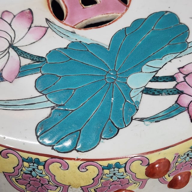 Off-white Vintage Mid-20th Century Chinese Famille Rose Lotus Garden Stools - A Pair For Sale - Image 8 of 13