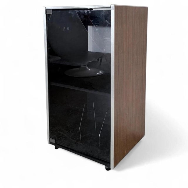 Metal Mid-Century Hi-Fi Cabinet in Wood Veneer with Smoked Glass Door For Sale - Image 7 of 7