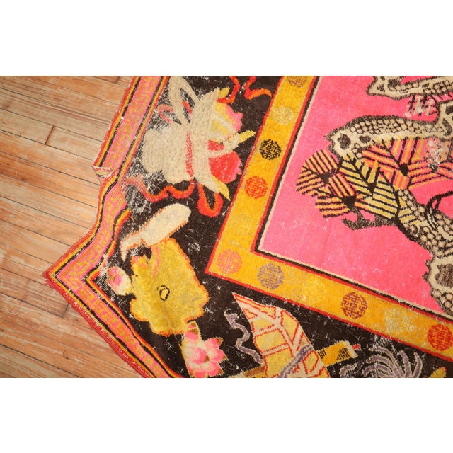 Zabihi Collection Bright Pink Antique Worn Flamingo Pictorial Khotan Rug - 5'10" x 10' For Sale - Image 4 of 12