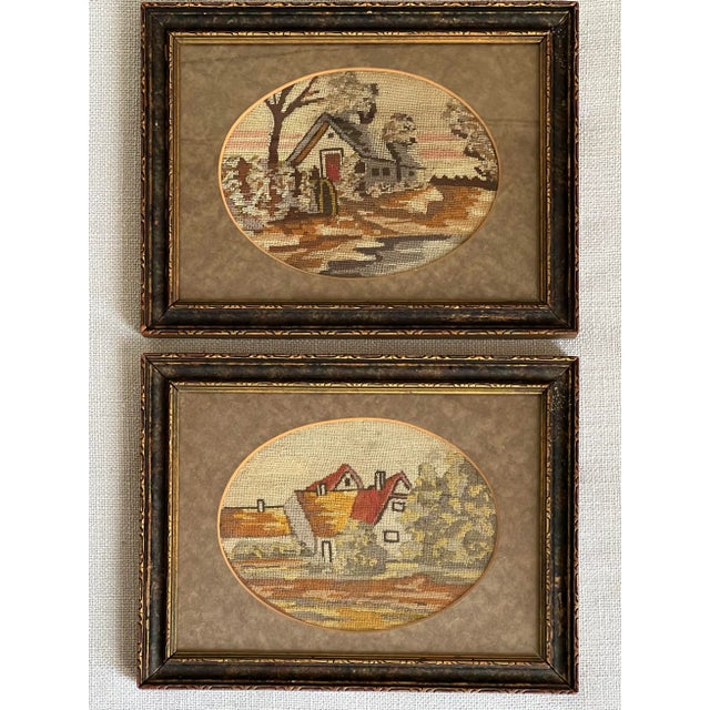 Charming pair of antique French petit point needlework art featuring cottages in soft shades of greens, ivory, tans,...