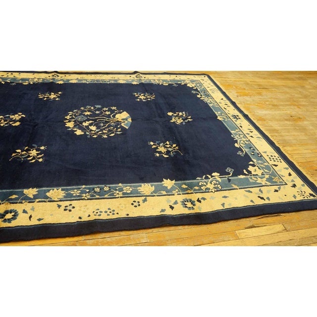 Antique 1900s Navy Chinese Peking Carpet 8'4" X 9'10" Floral Design Handmade Rug For Sale In New York - Image 6 of 9