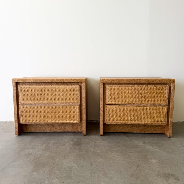 Mid-Century Modern 1970s Walnut Burlwood Nightstands With Cane Fronts MCM For Sale - Image 3 of 10