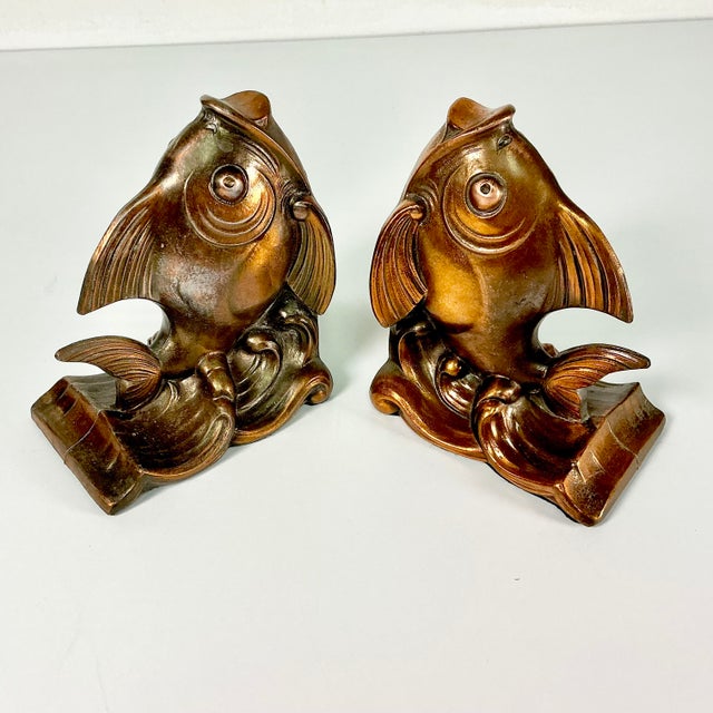 1970s Vintage Coastal Boho Chic Copper Over Cast Metal Koi Fish Bookends - A Pair For Sale - Image 13 of 13