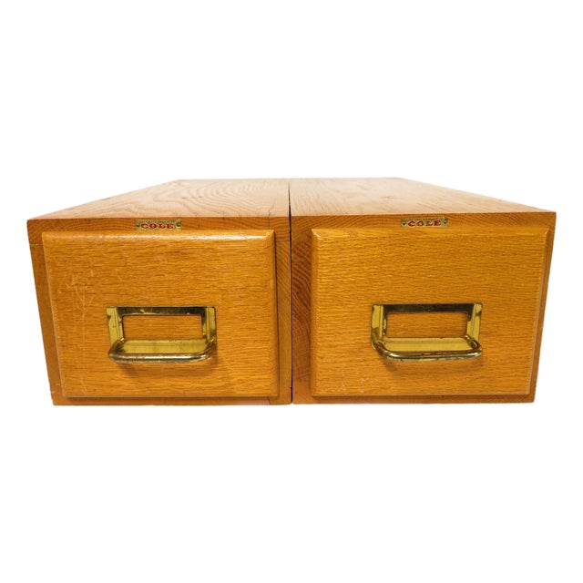 Industrial Oak Wood 2 Drawer Card Catalog Index File Cabinet Library Recipe Storage For Sale