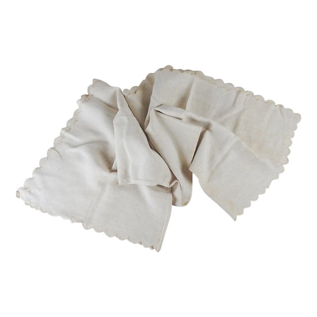 Heavy antique handwoven linen runner. Much rust colored spotting, hand stitched scallop edge, seamed in middle for length....