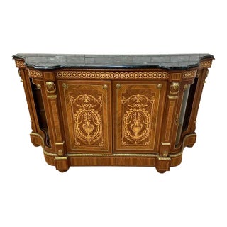 Vintage French Louis XVI Style Inlaid Serpentine Marble Top Credenza For Sale