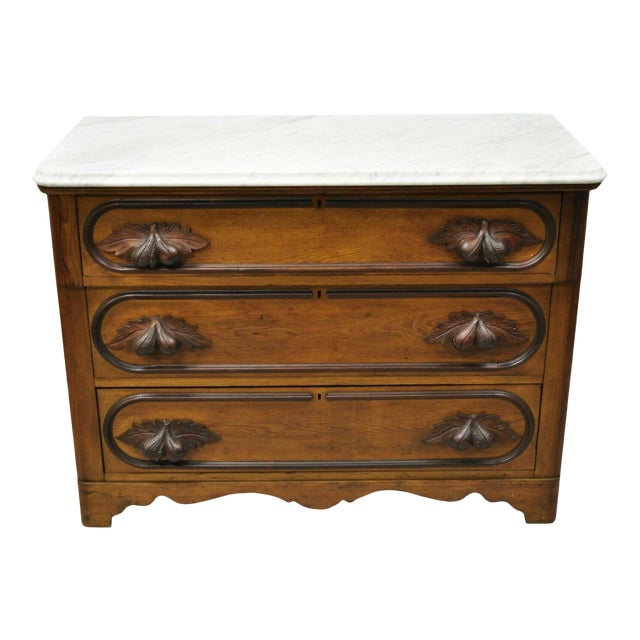Antique Eastlake Victorian Marble Top Chestnut Dresser With Fruit