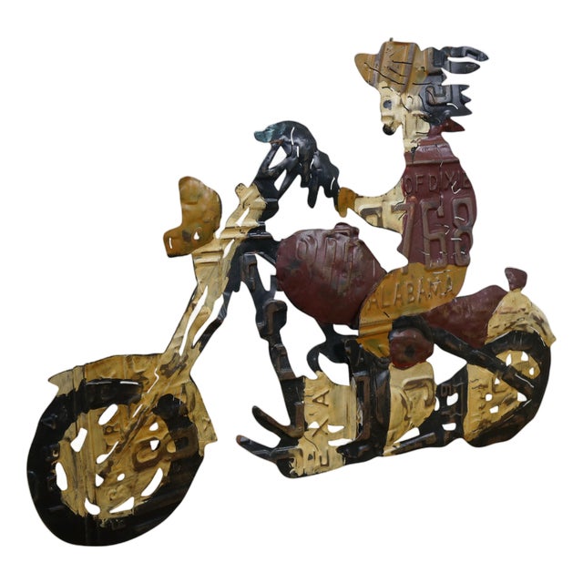 Vintage Motorcycle Biker License Plate Wall Art Plaque Artwork Sculpture 26" For Sale