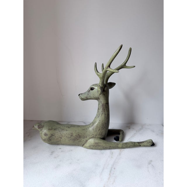 Vintage Decorative Deer Statue Green Resting on the Ground For Sale - Image 4 of 9