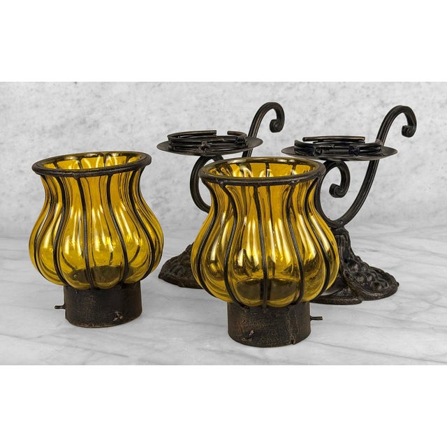 Late 20th Century Vintage Gothic Revival Wrought Iron & Blown Amber Glass Candle Holders - A Pair For Sale - Image 5 of 9