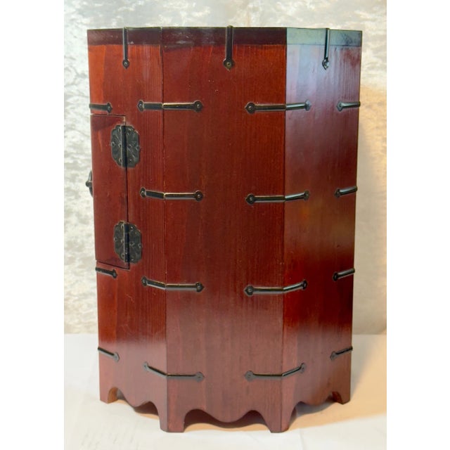 Vintage Korean Octagonal Wooden Cabinet With Merlot Finish, Black Hardware & Lock For Sale - Image 15 of 18