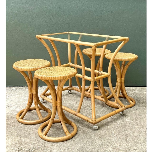 Vintage Rattan High Top Table With Coordinating Stools - Set of 5 For Sale - Image 4 of 17