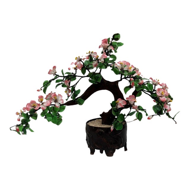 Vintage Lampwork Glass Bonsai Tree – Pink Blossoms & Green Leaves For Sale