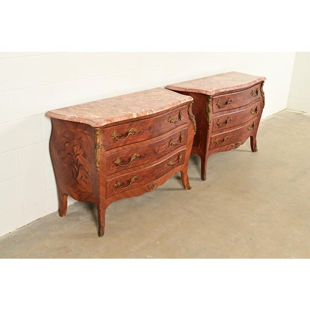 Paul Sormani Paul Sormani Style Antique French Provincial Louis XV Kingwood Inlaid Marquetry Marble Top Commodes With Mounted Ormolu | Pair For Sale - Image 4 of 15