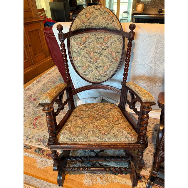 Victorian Pair of Antique Victorian Barley Twist Upholstered Franklin Rocking Chairs, Circa Late 19th Century For Sale - Image 3 of 8