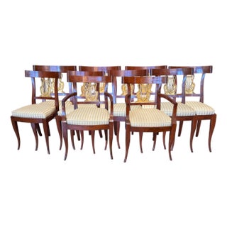 Set of Ten Italian Neoclassical Parcel Gilt Walnut Dining Chairs For Sale