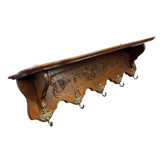 Vintage French Wall Coat Rack in Oak For Sale