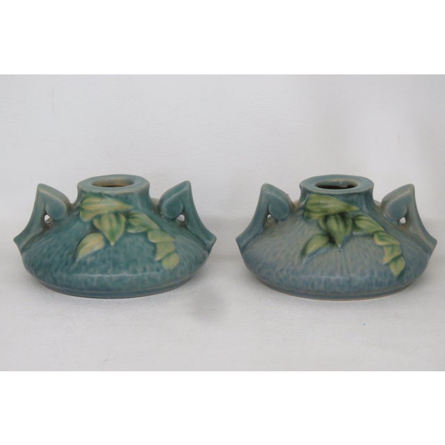 Roseville Pottery Clematis Ceil Blue Short Candlestick Holders 1158 2 a Pair 4688b For Sale - Image 11 of 16