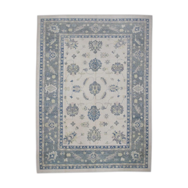 Blue Early 21st Century Blue & Green Floral Design Handwoven Wool Turkish Oushak Rug 9'6" X 13'10" For Sale - Image 8 of 8