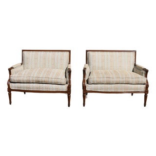 Pair of Antique French Louis XVI Style Upholstered Loveseats, Circa 1950s For Sale