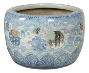 Early 20th Century Japanese Blue & White Porcelain Hibachi / Fish Bowl Planter