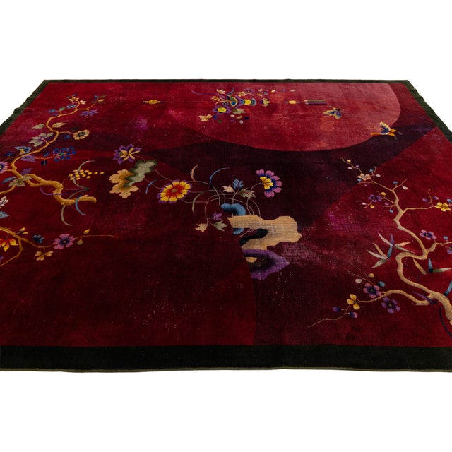 Antique 1920s Chinese Art Deco Wool Rug in Rich Ruby, Plum & Magenta 9x11 For Sale - Image 4 of 13
