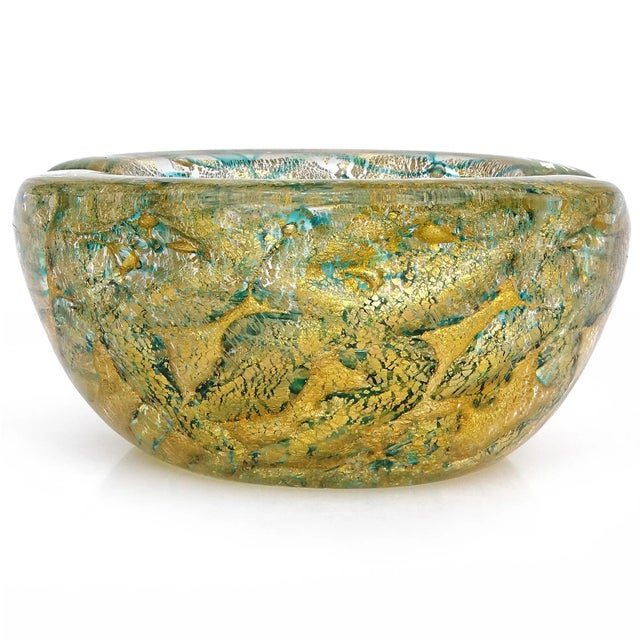 Mid 20th Century Barovier Toso Murano Vintage Gold Leaf Emerald Green Swirl Italian Art Glass Chunky Ashtray Bowl For Sale - Image 5 of 7