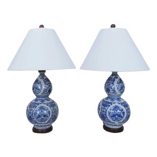 Pair of Chinoiserie Ralph Lauren Designer Table Lamps Blue & White Gourd Shape Koi Fish For Sale