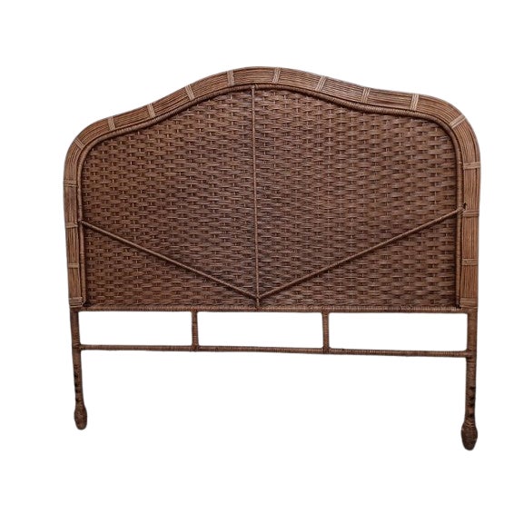 Wood 1980s Cottage Wicker Full Size Headboard Almond For Sale - Image 7 of 7