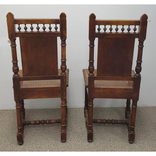Mid 20th Century Pair Jacobean Style Carved Oak and Caned Seat Side Chairs For Sale - Image 13 of 14