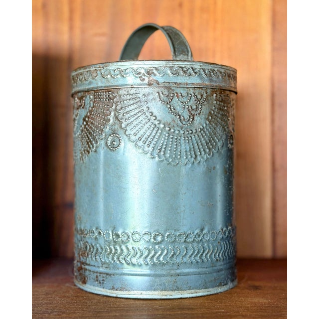 Set of 3, Rare Antique Pennsylvania Primitive Canisters | Hand Punched Tinware For Sale - Image 12 of 12