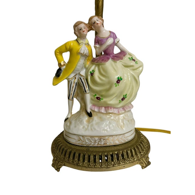 Meissen Porcelain Vintage French Porcelain Courting Couple Boudoir Table Lamps With Ormolu Bases – Rococo Style - a Pair For Sale - Image 4 of 16