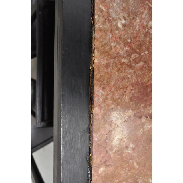 Vintage Chinese Chinoiserie Black Demilune Pink Marble Console Table - A Pair For Sale - Image 10 of 11