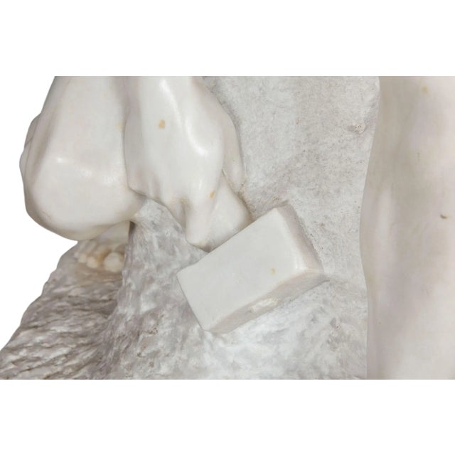 Cream Italian Carved Carrara Marble Art Deco Sculpture of “Stone Carver” by Barsanti For Sale - Image 8 of 12