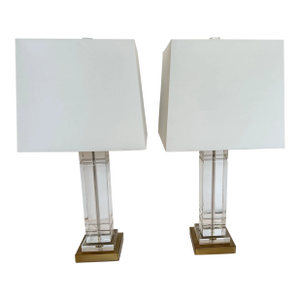 Classic Glass Table Lamps With Crystal Finials -a Pair