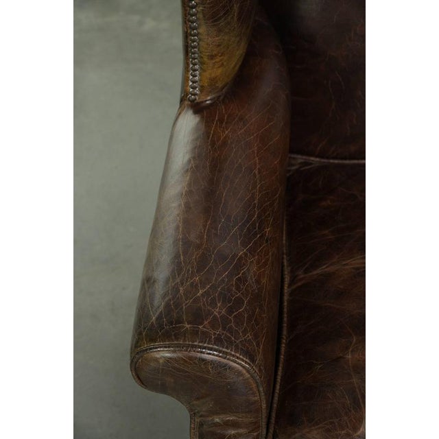 Animal Skin Vintage English Wing Armchair In Grained Cowhide Leather For Sale - Image 7 of 14
