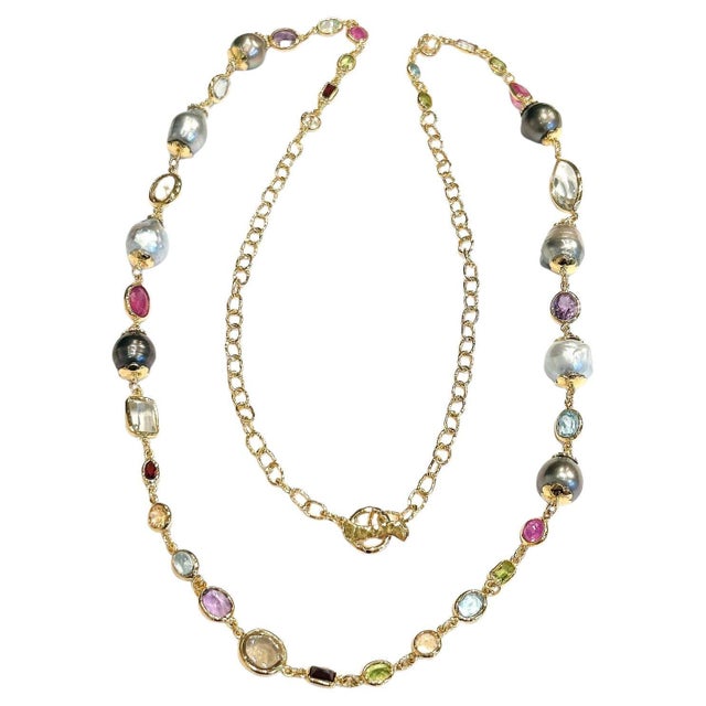 Bochic "Capri" Vintage South Sea Pearls & Multi Gem Necklace 18K Gold & Silver For Sale - Image 15 of 18