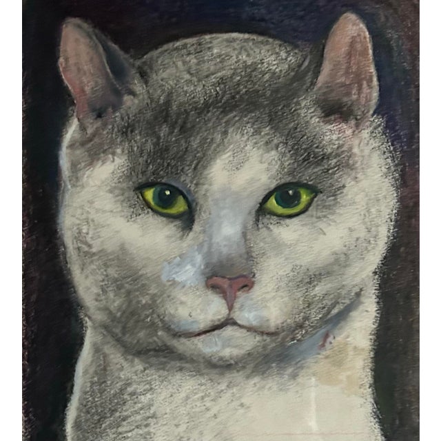 1970s Vintage Impressionist Pastel Portrait of a Cat in Bamboo Frame For Sale - Image 5 of 6