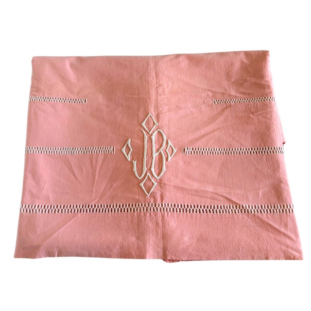 Antique French Pink Wedding Trousseau King Size Linen Sheet with Drawn-Thread Work and Monogram, 1930s For Sale - Image 3 of 5
