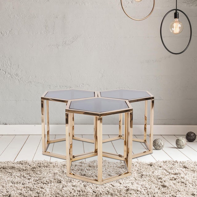 Black Hexagonal Gold Stainless Steel Table Set For Sale - Image 8 of 8