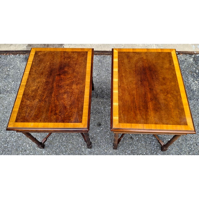 Late 20th Century Pair Thomasville Chinese Chippendale Crossbanded Mahogany Faux Bamboo Side Tables For Sale - Image 5 of 12