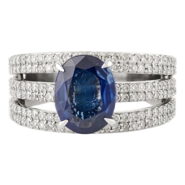 18k Gold Art Deco Solitaire Blue Sapphire & Diamond Cocktail Band Ring Size 6.5 For Sale