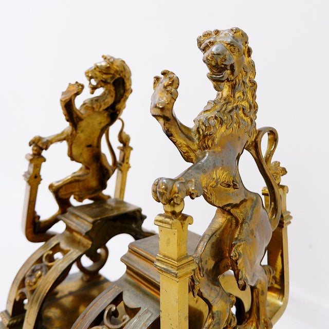 Antique Gilt-Bronze Andirons Depicting Rampant Lions, Set of 2 For Sale - Image 12 of 17