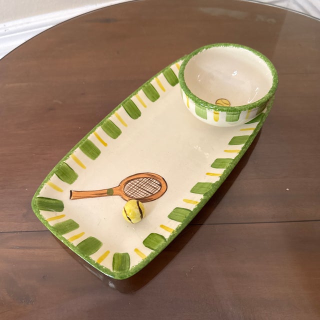 1970s Vintage Wimbledon Style Chip and Dip Hand Painted Tennis Tray For Sale - Image 5 of 8