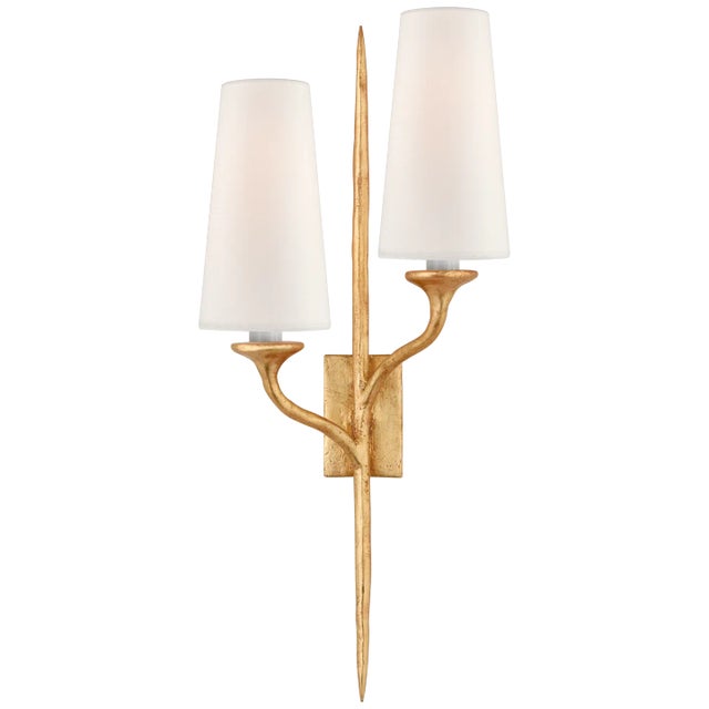 Iberia Double Right Sconce in Antique Gold Leaf with Linen Shades Designer: Julie Neill Height: 24" Extension: 6.5"...