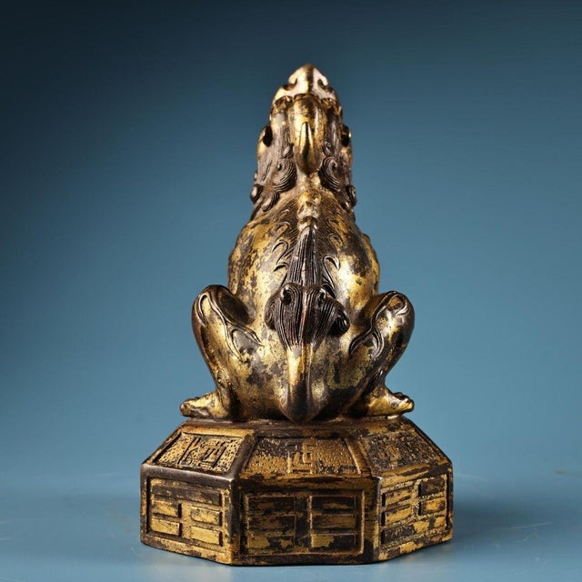 Bronze Solid Bronze Gilded Pi Yao Sculpture, Seated Fortune Beast on Bagua Octagonal Base, Chinoiserie Wealth Guardian Statue For Sale - Image 8 of 10