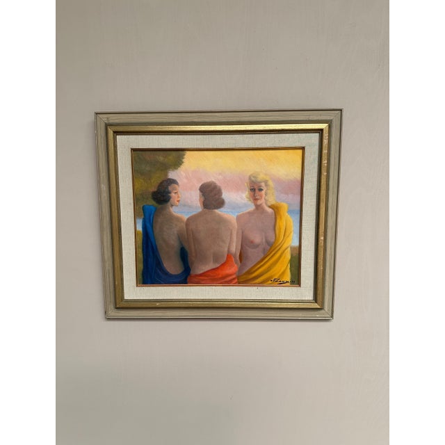 N. Leon, Three Women, 1947, Oil Painting on Panel, Framed For Sale - Image 15 of 18