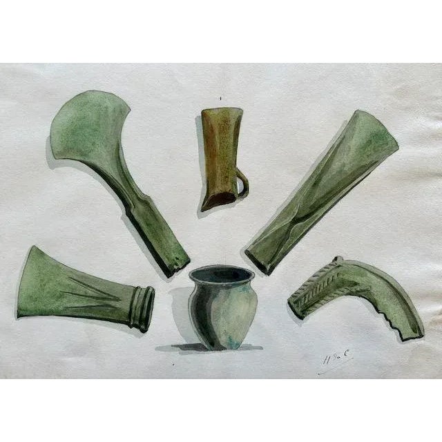 Up for sale is a stunning, original circa 1900 watercolor illustration detailing a collection of Bronze Age tools and...