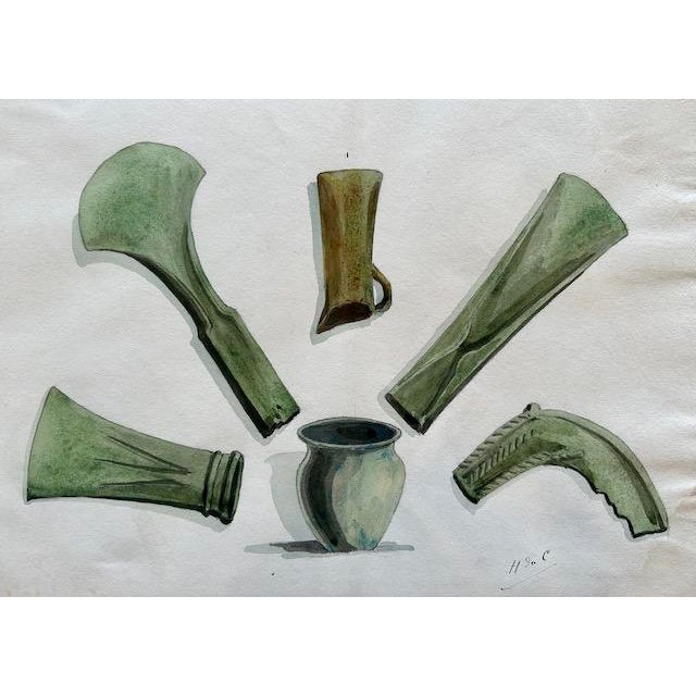 Austrian Museum Collection of Bronze Age Tools Original Watercolor Illustration C.1900 Outstanding illustrations - Signed...